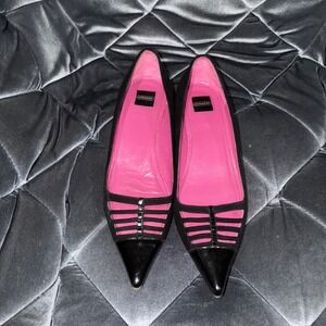 Coach Black Suede Patent Leather Pointed Toe Kitten Heels Pink Insole Women 8